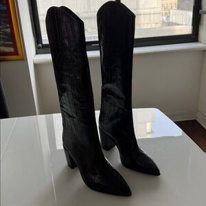NWT SHUTZ Bota Salto Medio black croco leather tall high heeled boots